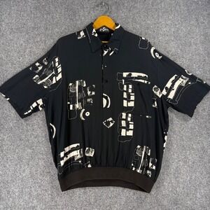 Alan Stuart Vintage Abstract Print Polo Shirt Men's Large Black White Short Slv